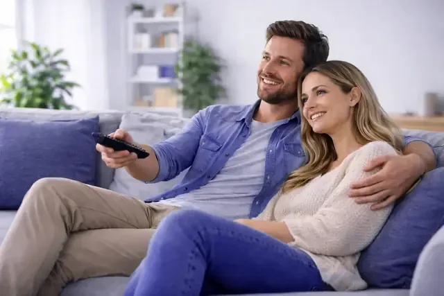 A household in Europe choosing between a British and a Dutch channel on the living-room set