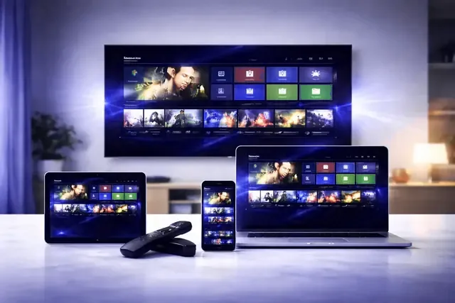 The Euroskara channel groups open on a television, a tablet, a laptop and a phone