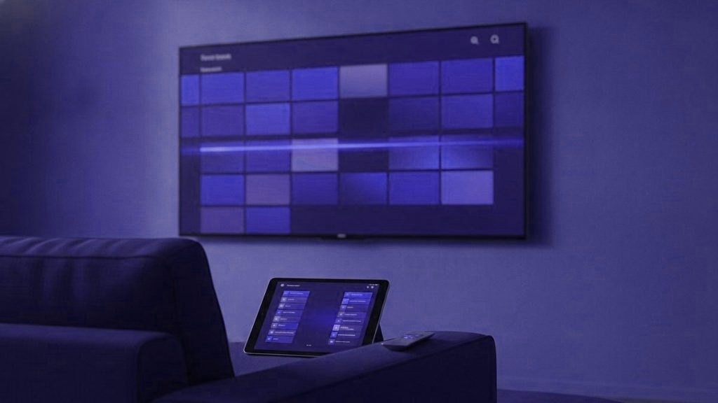 Television showing a programme guide grid above a sofa, with a tablet listing channels propped on the armrest