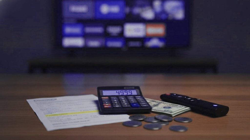 Calculator, banknotes, coins, a TV remote and a printed bill on a wooden table in front of a television menu