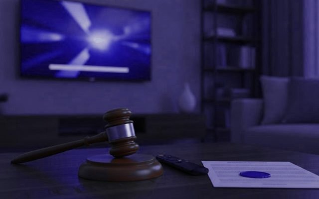 Wooden gavel, a TV remote and a document with a wax seal on a table in a living room with the television switched on