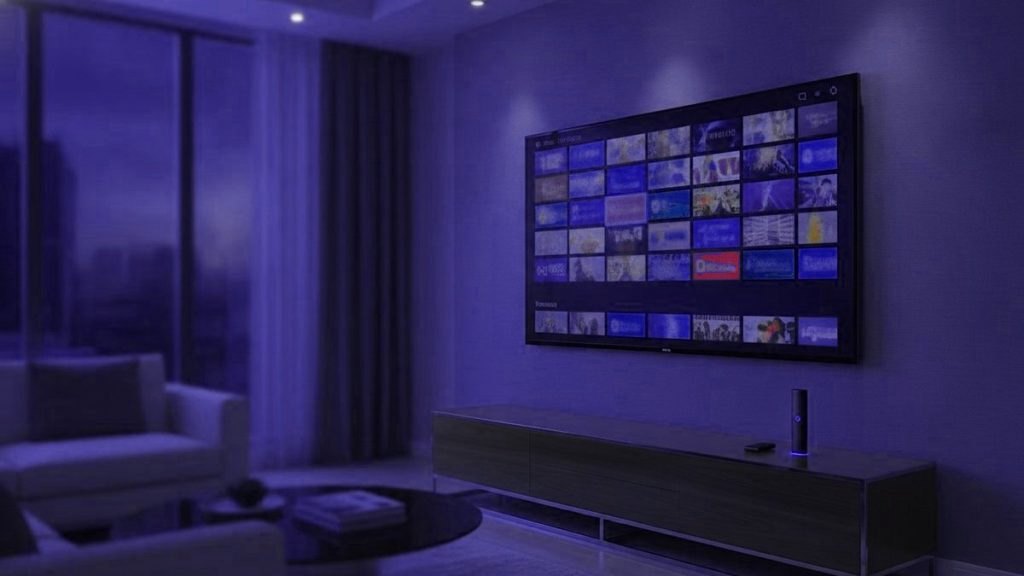 Wall-mounted television in a dim city flat showing a grid of channel tiles, with a small streaming device on the low cabinet below
