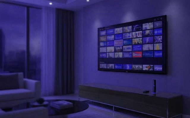 Wall-mounted television in a dim city flat showing a grid of channel tiles, with a small streaming device on the low cabinet below